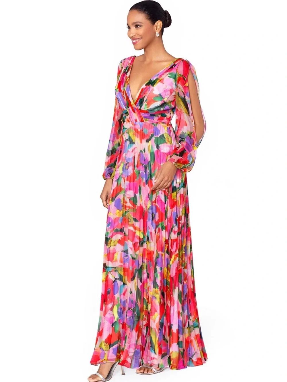 Betsy & Adam Floral Pleated Split Sleeve Maxi Dress Gown Fairy Whimsy $289